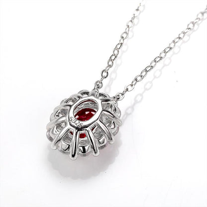 1CT Oval Cut Lab Ruby Floral Halo Pendant Necklace