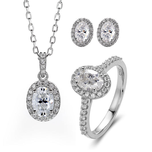 Oval Cut Halo Moissanite Jewelry Set