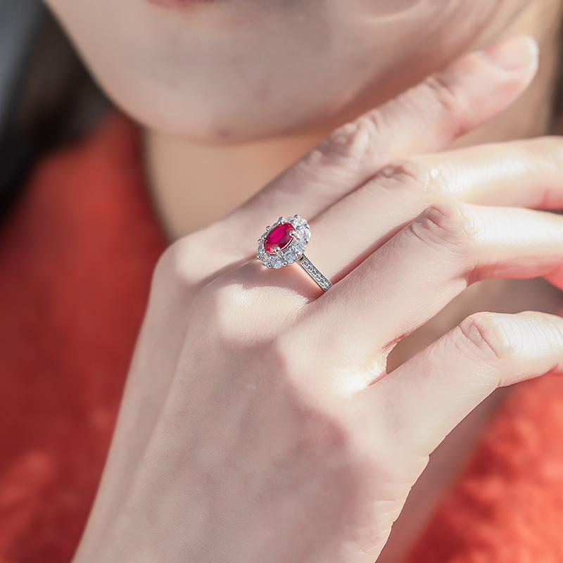 Oval Cut Lab Ruby 1CT Adjustable Floral Halo Half Eternity Ring