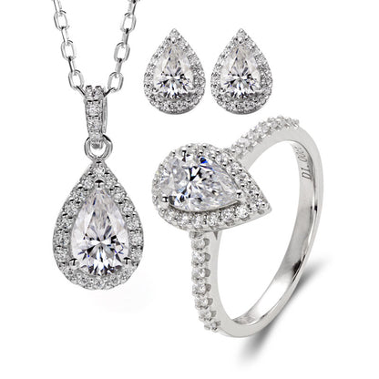 Pear Shape Halo Necklace Ring Earrings Moissanite Jewelry Set