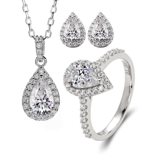 Pear Shape Halo Necklace Ring Earrings Moissanite Jewelry Set