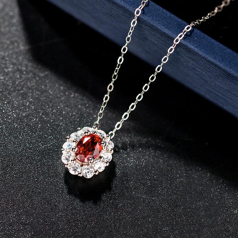 1CT Oval Cut Lab Ruby Floral Halo Pendant Necklace