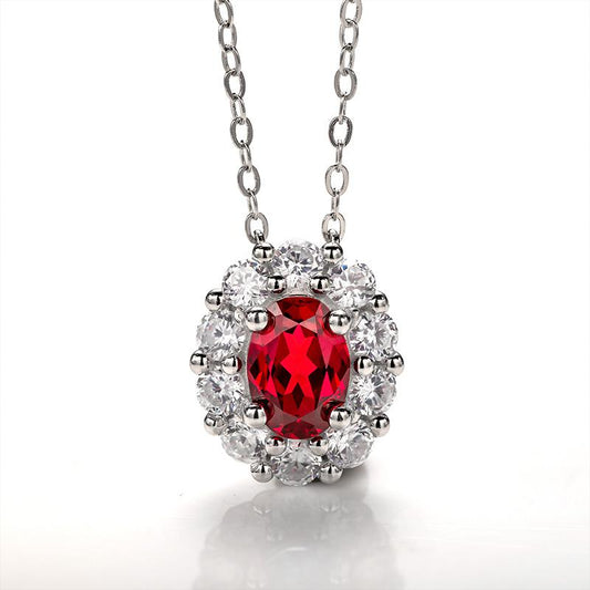 1CT Oval Cut Lab Ruby Floral Halo Pendant Necklace