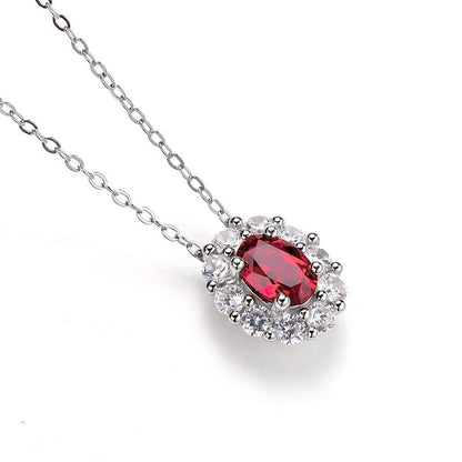 1CT Oval Cut Lab Ruby Floral Halo Pendant Necklace