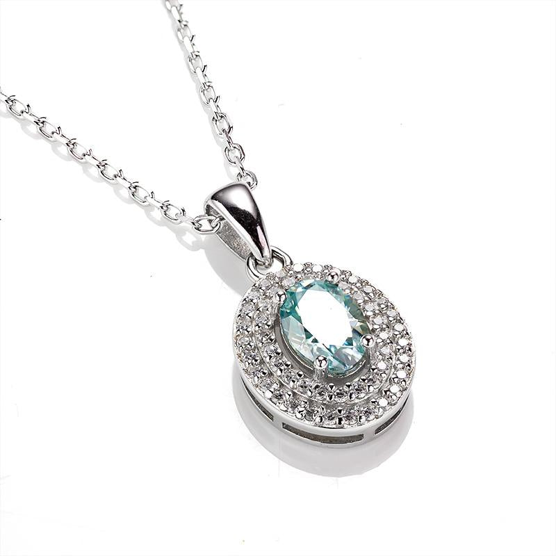 1CT Oval Shape Fancy Vivid Blue Moissanite Double Halo Pendant Necklace