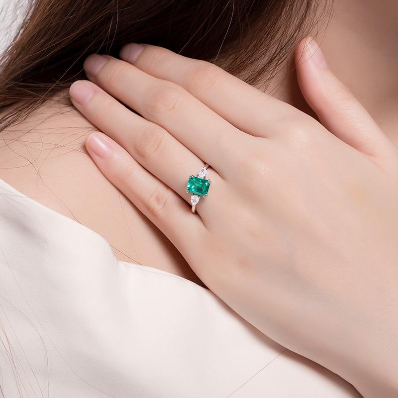 Adjustable 2CT Emerald Shape Lab Created Emerald 3-Stone Ring