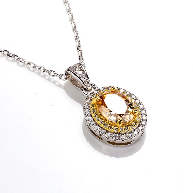 2CT Oval Cut Champagne Moissanite Double Halo Pendant Necklace